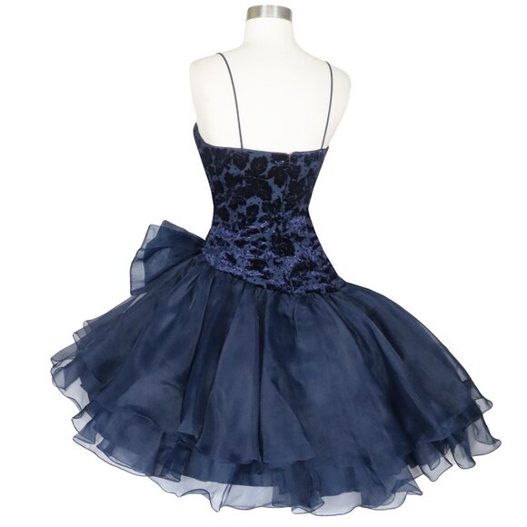 Vintage 80s Navy Blue Velvet Burnout Full Skirt Bow Dance Prom Party Dress XS S - Picture 5 of 12